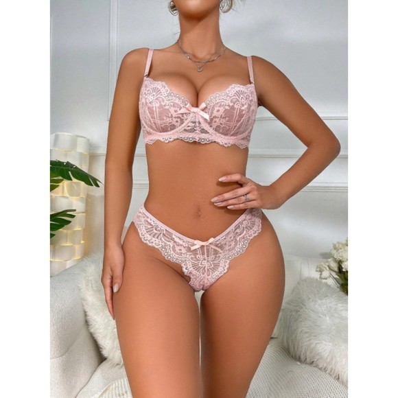 Small PINK Floral Lace Underwire Lingerie Set - Picture 4 of 5